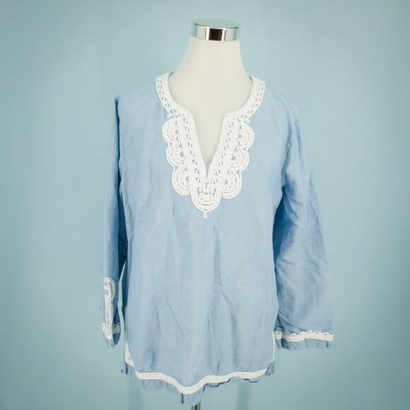 Point Sur Size Large L Chambray Lace Trim Long Sleeve Cotton Linen Tunic Top - Picture 1 of 8